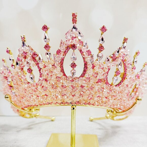 Gold Princess Crown, Prom headpiece, Bridal tiara, Pink Crystal wedding crown main image 7